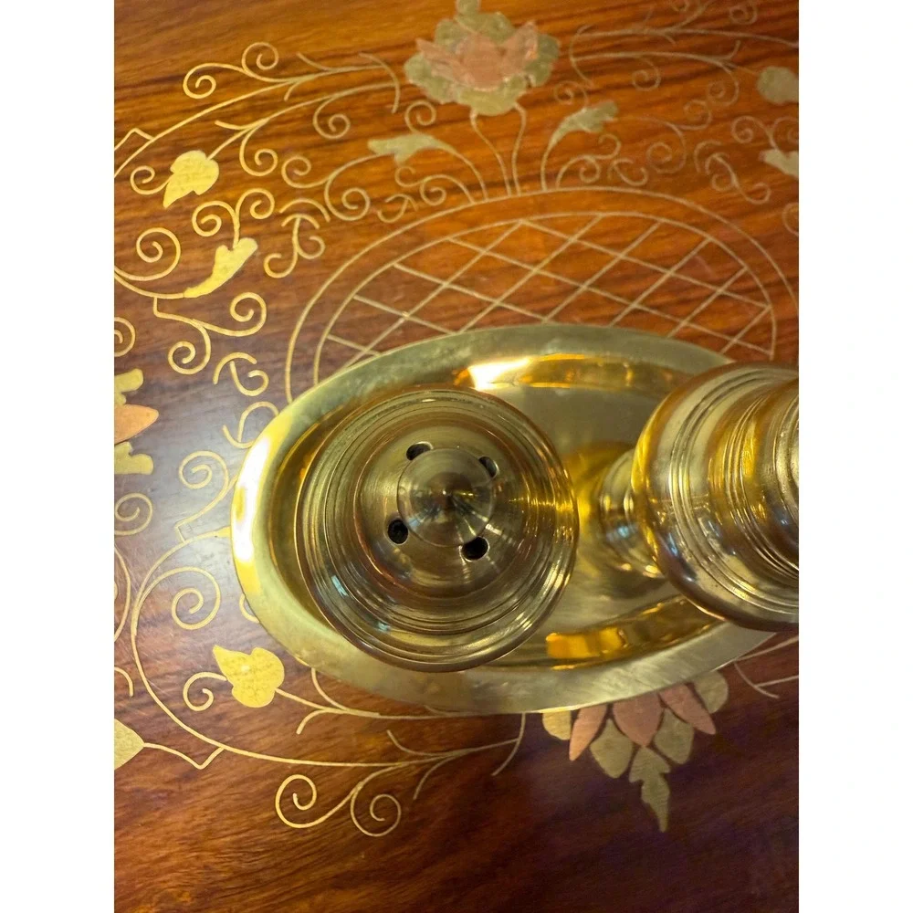 Vintage Brass Salt and Pepper‎ Shaker Set with Tray